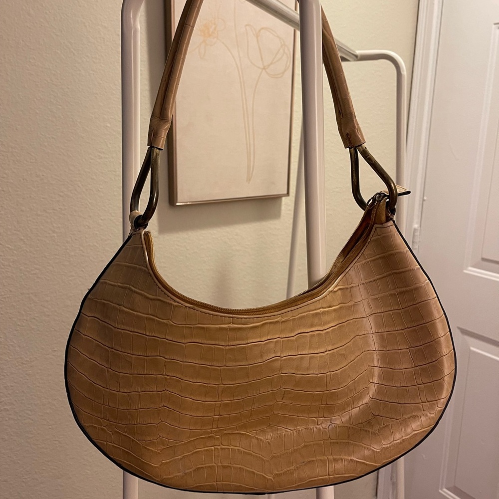 Tan Crocodile-Embossed Shoulder Bag